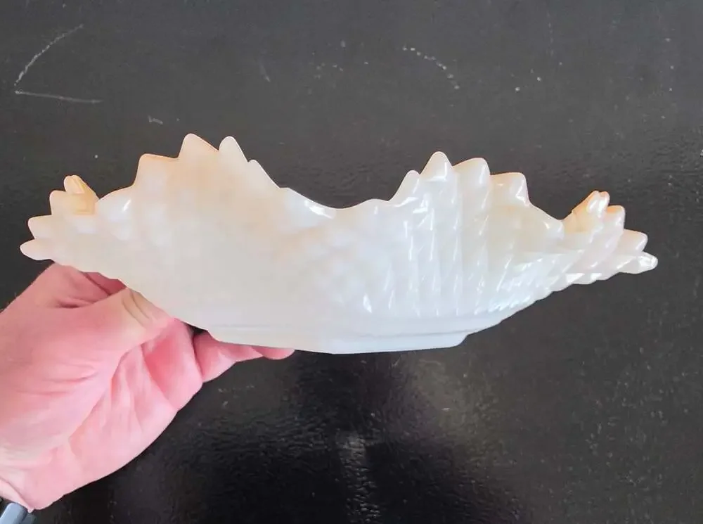 Vintage Indiana Glass Peach Lustre Milk Glass Diamond Point Ruffled Candy Dish